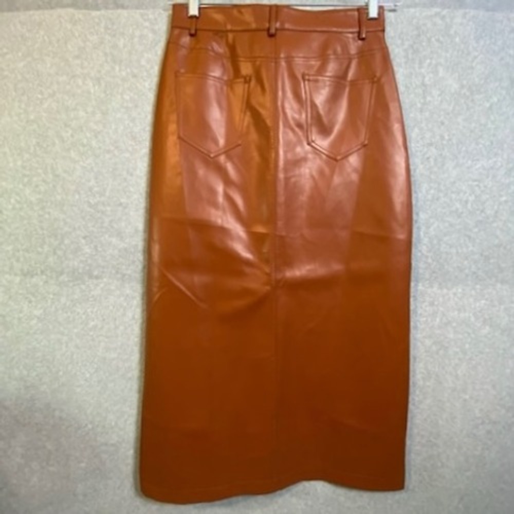 LOVELO Faux Leather Maxi Skirt Women's Medium Cognac Brown Front Slit Chic NWT